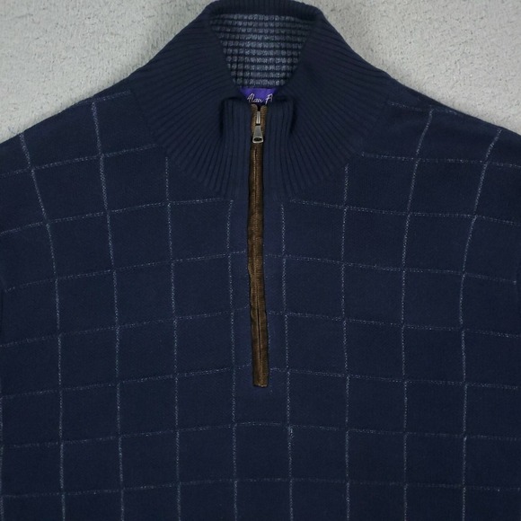 Alan Flusser Blue Check Quarter Zip Pullover Sweater Sweatshirt Adult Size Large - Picture 2 of 9